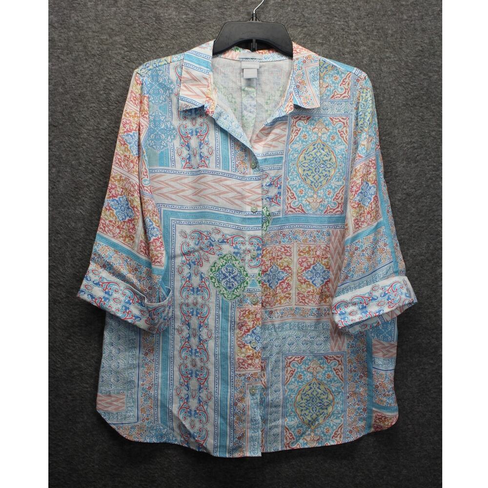 Chicos 2 Coastal Tile Shirt Bohemian 100% Linen No Iron Blouse